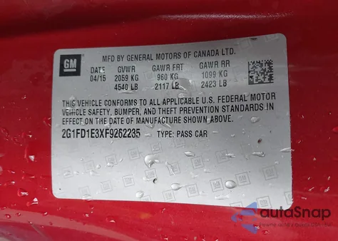 2015 Chevrolet Camaro 1Lt from USA, damaged, VIN 2G1FD1E3XF9262235